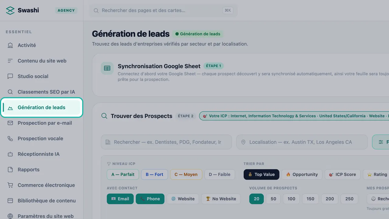 Génération de leads en surbrillance dans la barre latérale de Swashi, avec les panneaux Synchronisation Google Sheet et Trouver des Prospects sur la page