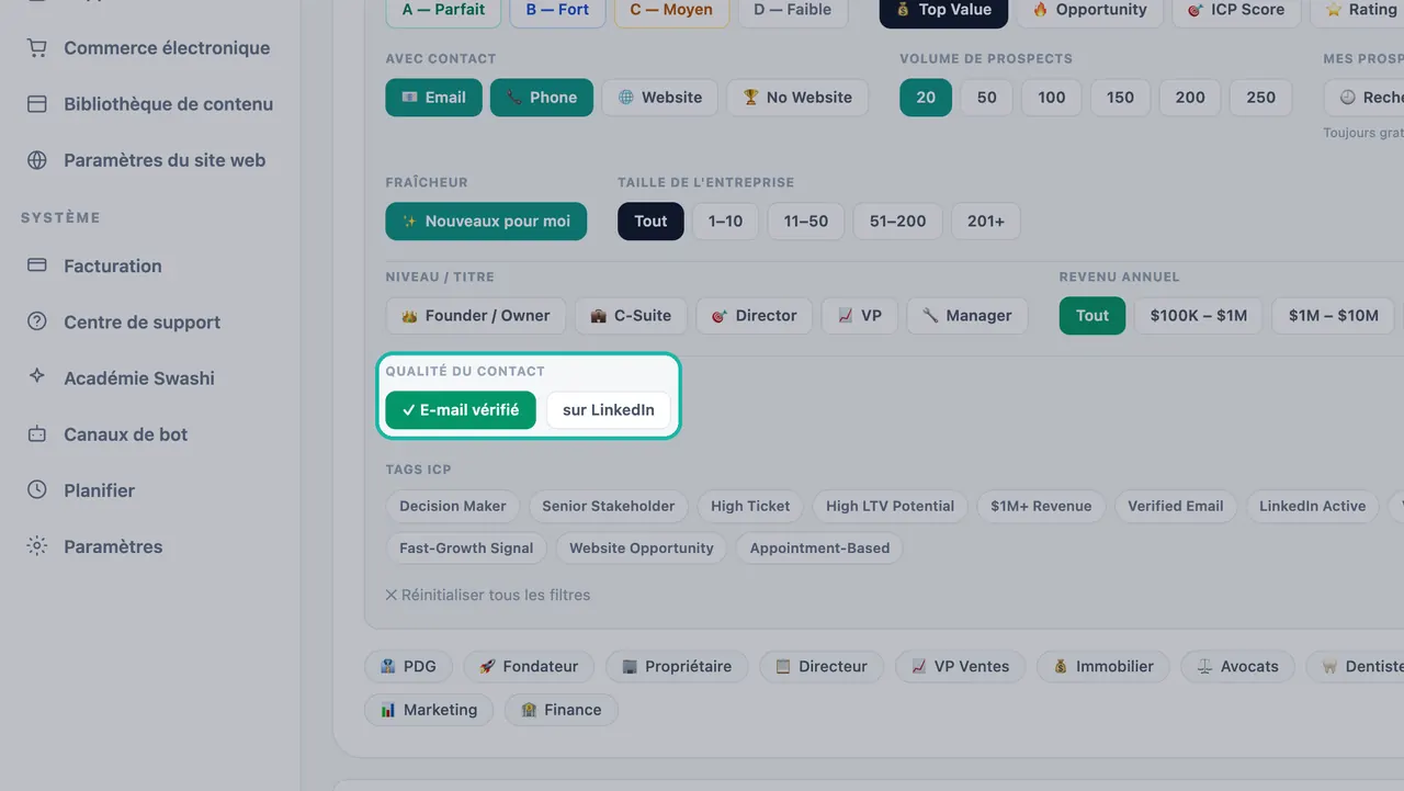 Filtre Qualité du contact mis en évidence dans la Génération de leads avec E-mail vérifié activé à côté de l'option sur LinkedIn