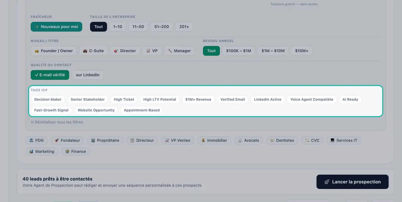 Section Tags ICP du panneau Filtres en surbrillance, listant Décideur, Haut Dirigeant, Ticket Élevé, Email Vérifié, Compatible Agent Vocal, Prêt pour l'IA et plus encore