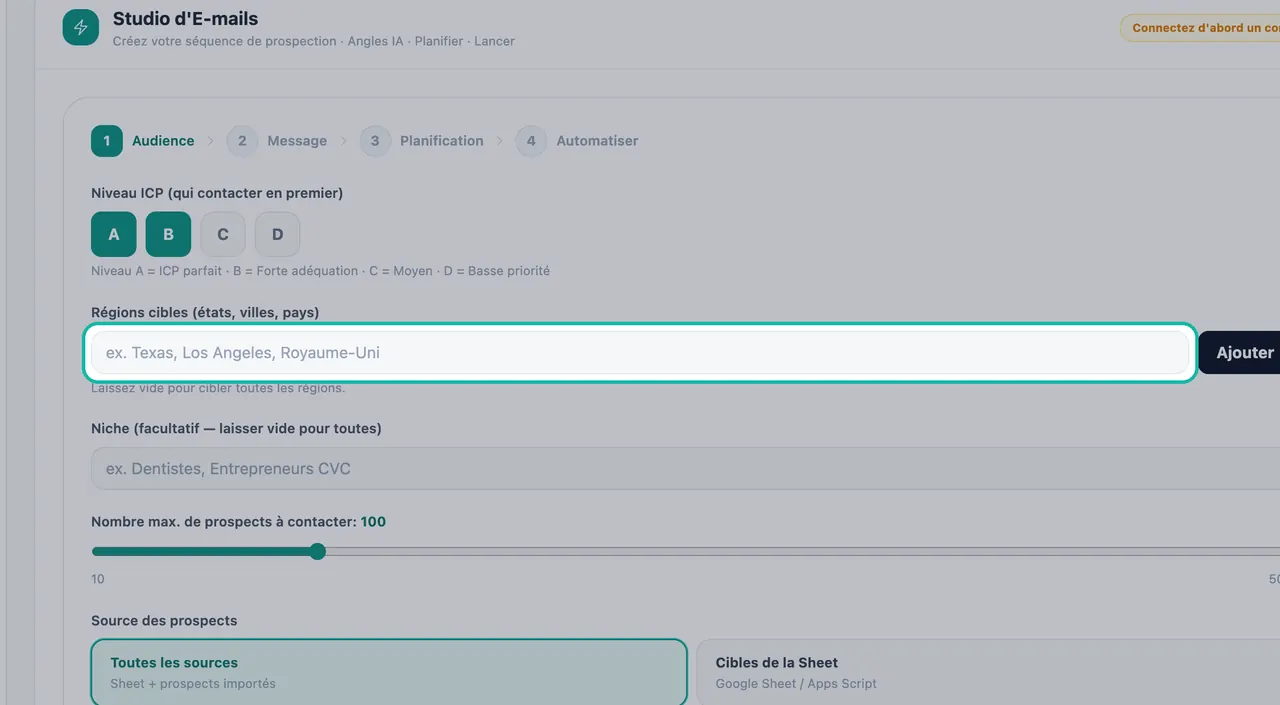 Champ des régions cibles en surbrillance dans l'étape Audience du Studio d'E-mails avec un bouton Ajouter