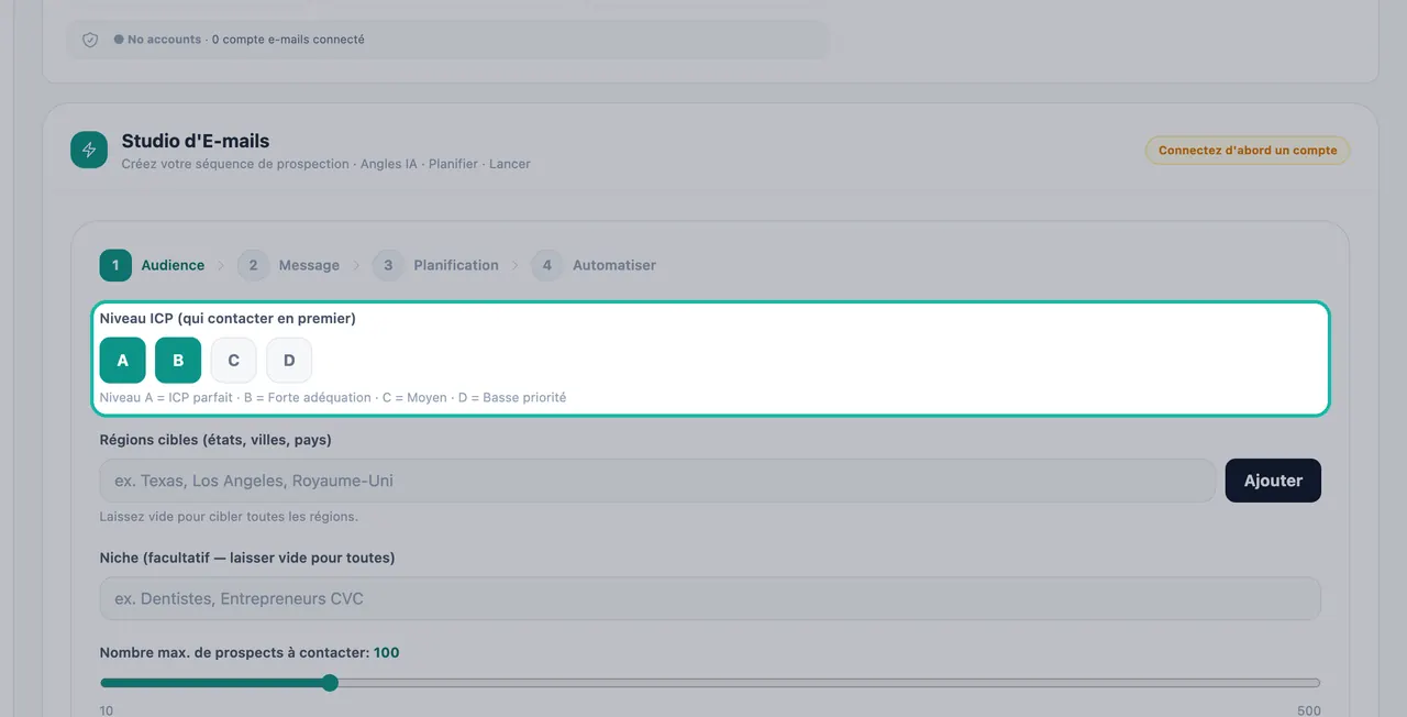 Étape Audience du Studio d'E-mails avec le sélecteur de Niveau ICP en surbrillance et les niveaux A et B sélectionnés