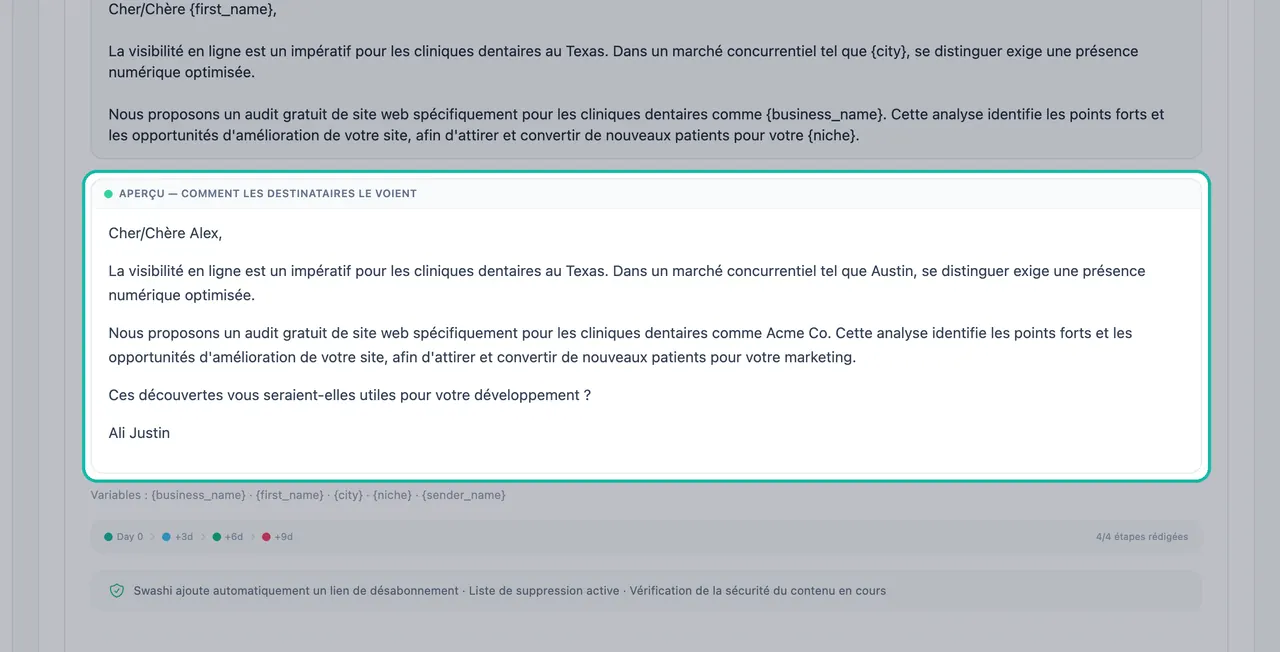 Panneau Aperçu - Ce que les destinataires voient mis en évidence, avec les variables remplacées par les informations d'un prospect exemple