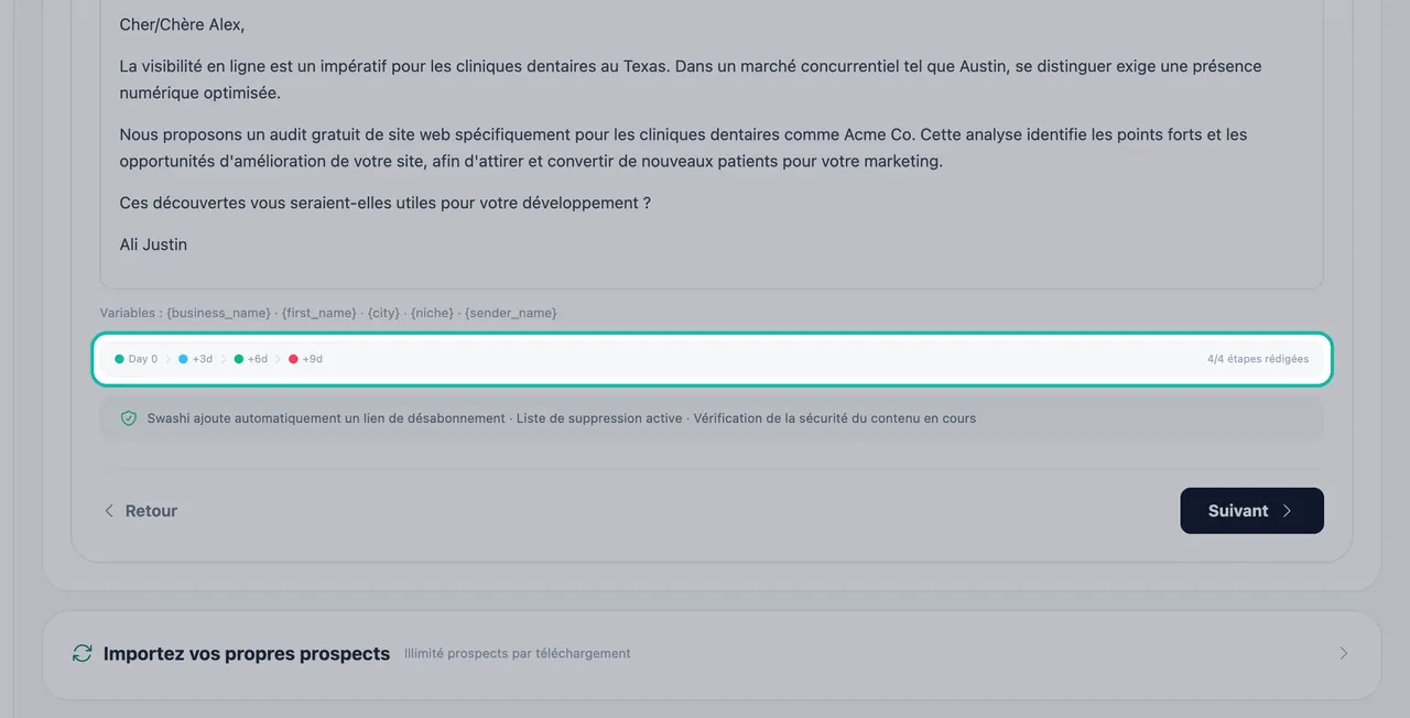 Barre de cadence mise en évidence sous l'aperçu de l'e-mail, indiquant Jour 0, +3j, +6j et +9j