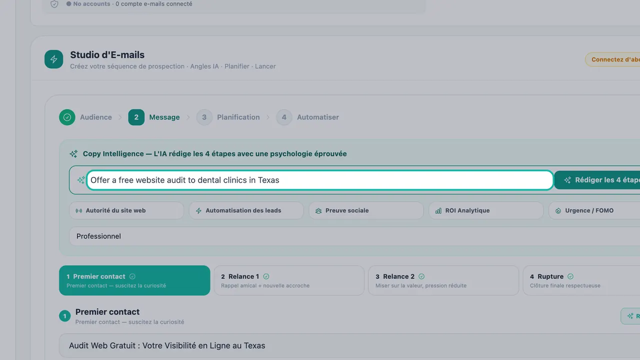 Champ d'offre de l'Intelligence de rédaction en surbrillance dans l'étape Message avec le texte Proposer un audit de site web gratuit aux cliniques dentaires du Texas