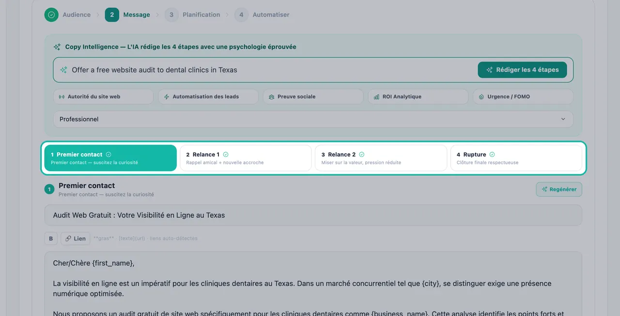 Onglets des étapes de la séquence mis en évidence dans le Studio d'E-mails : Premier contact, Relance 1, Relance 2 et Rupture