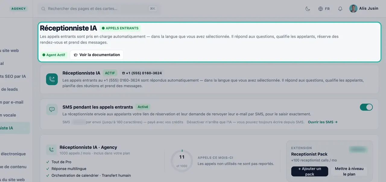 En-tête de la page Réceptionniste IA en surbrillance avec le badge APPELS ENTRANTS, Agent Actif et une description de ce que fait le réceptionniste
