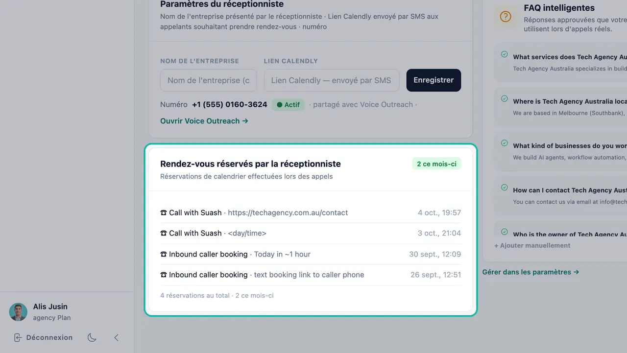 Carte des rendez-vous pris par le réceptionniste en surbrillance avec quatre réservations et un badge "2 ce mois-ci"