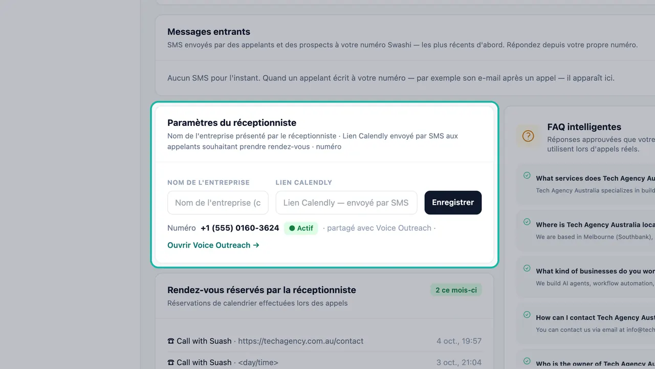 Carte des Paramètres de la réceptionniste en surbrillance avec les champs Nom de l'entreprise et Lien Calendly, un bouton Enregistrer et le numéro 555 partagé marqué comme Actif