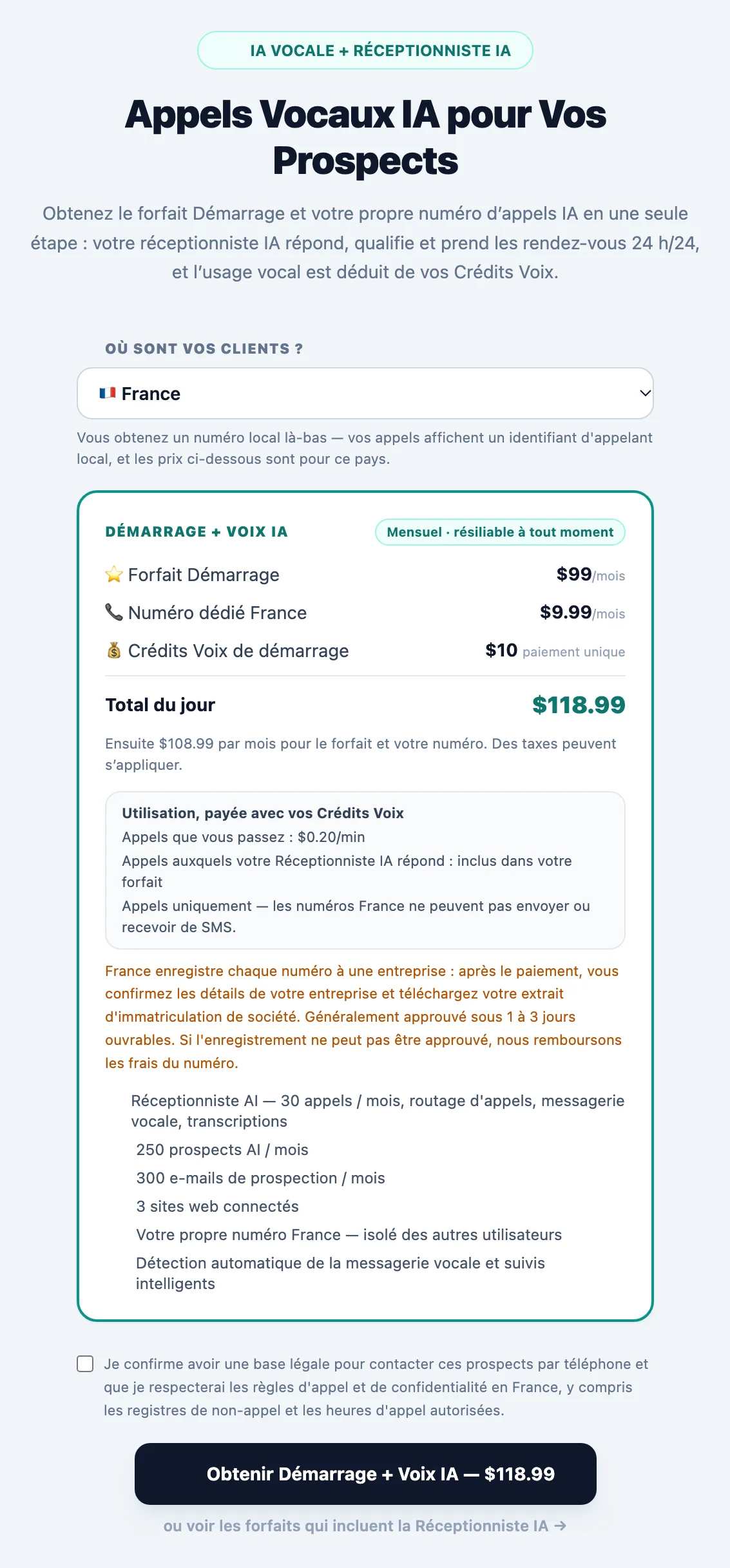 Carte d'activation de Prospection vocale avec le menu de pays Où sont vos clients ?, le forfait, le numéro local dédié, les crédits de départ, les tarifs d'appel et de SMS, et la note sur l'enregistrement pour ce pays