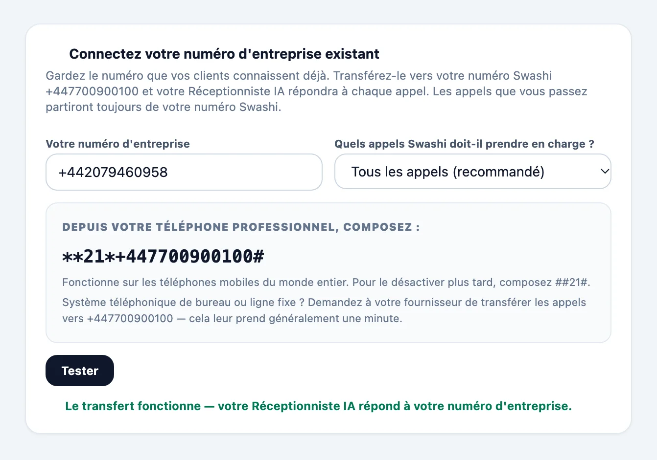 Carte Connectez votre numéro d'entreprise existant dans Prospection vocale, avec le numéro d'entreprise, le menu Quels appels Swashi doit-il prendre en charge ?, le code à composer et le bouton Tester