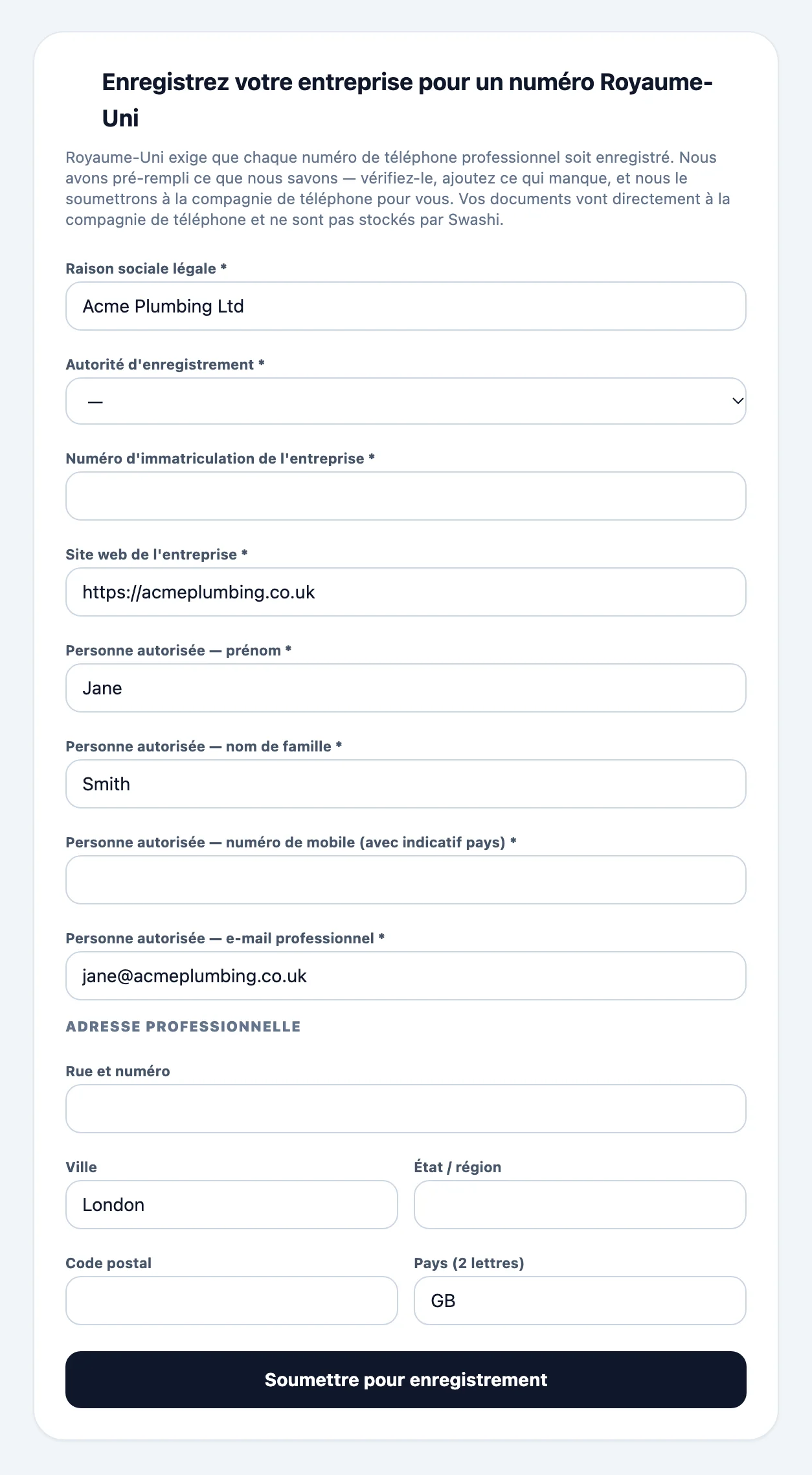 Formulaire d'enregistrement d'entreprise pour un numéro local, pré-rempli depuis le profil d'Activité, avec la dénomination sociale, les informations d'immatriculation, le représentant légal et l'adresse professionnelle