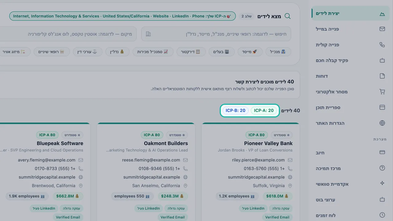 מוני התוצאות ICP-A: 20 ו-ICP-B: 20 מודגשים מעל כרטיסי הלידים