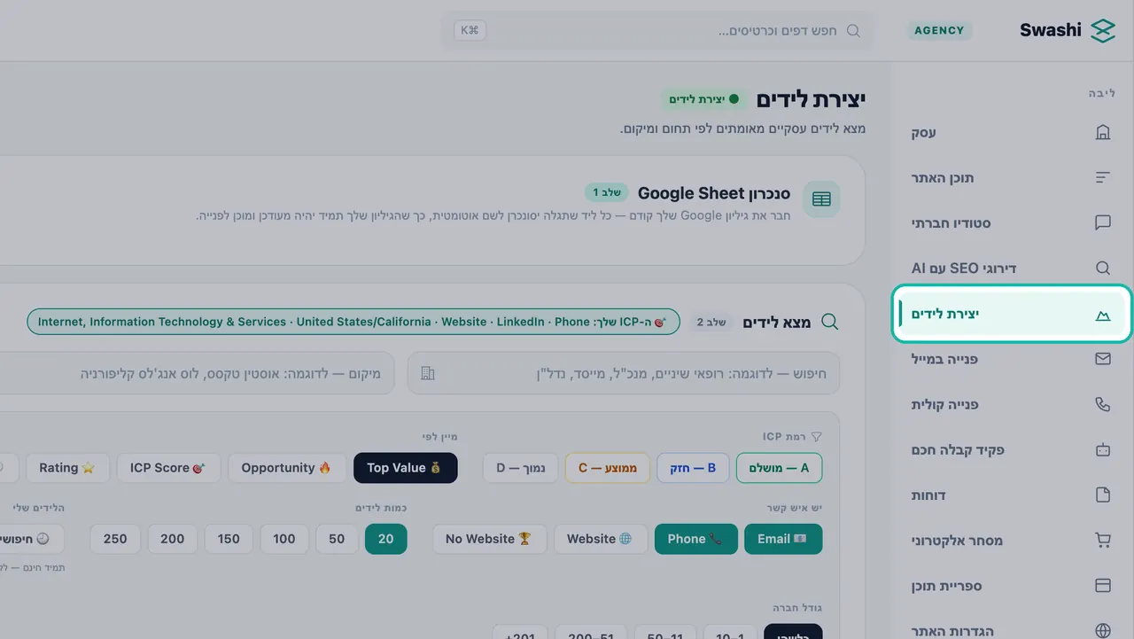 'יצירת לידים' מודגש בסרגל הצד של Swashi, עם החלוניות 'סנכרון Google Sheet' ו'מצא לידים' בעמוד