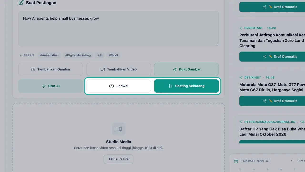 Tombol Jadwal dan Posting Sekarang disorot di bagian bawah panel Buat Postingan