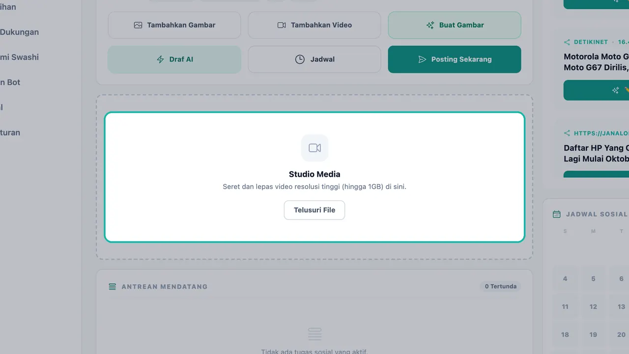 Area drop Studio Media disorot dengan teks Seret dan lepas video resolusi tinggi hingga 1GB dan tombol Telusuri File
