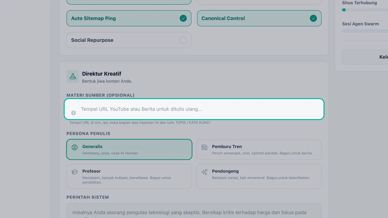 Kolom Materi Sumber disorot dengan placeholder Tempel URL YouTube atau Berita untuk ditulis ulang