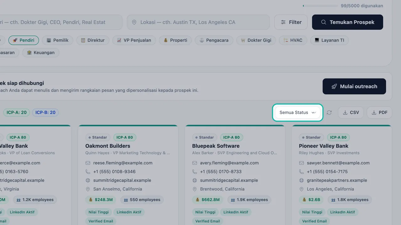 Menu Semua Status ditandai di atas kartu prospek di Generasi Prospek