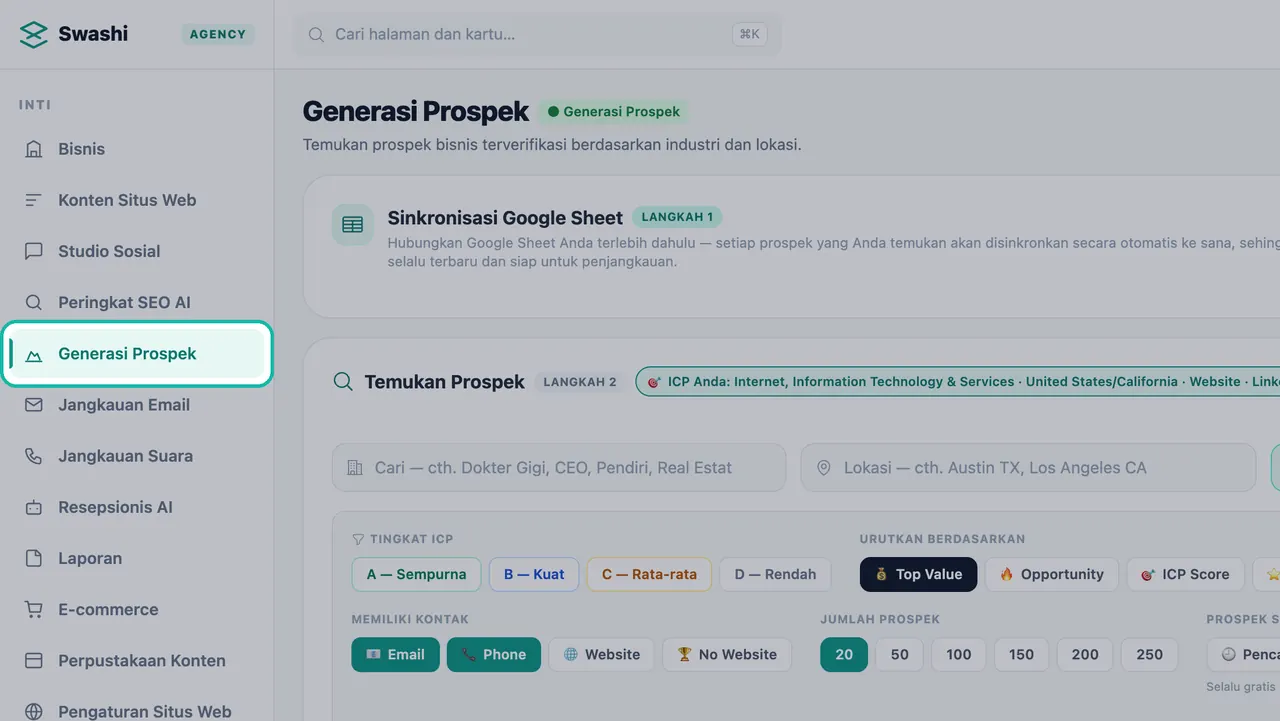 Generasi Prospek ditandai di bilah sisi Swashi, dengan panel Sinkronisasi Google Sheet dan Temukan Prospek di halaman