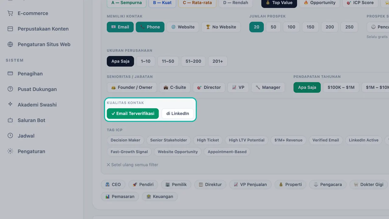 Filter Kualitas Kontak disorot di Generasi Prospek dengan Email Terverifikasi diaktifkan di sebelah di LinkedIn