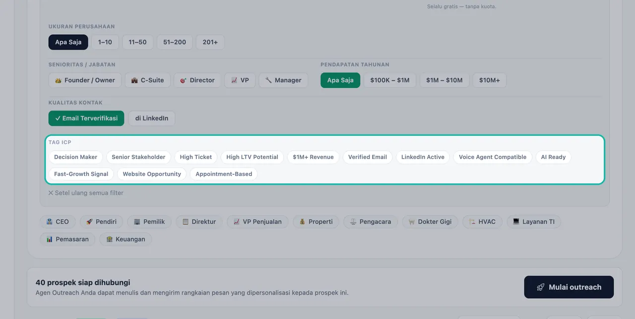 Bagian Tag ICP pada panel Filter yang disorot, menampilkan Pengambil Keputusan, Pemangku Kepentingan Senior, Nilai Tinggi, Email Terverifikasi, Kompatibel Agen Suara, Siap AI, dan lainnya