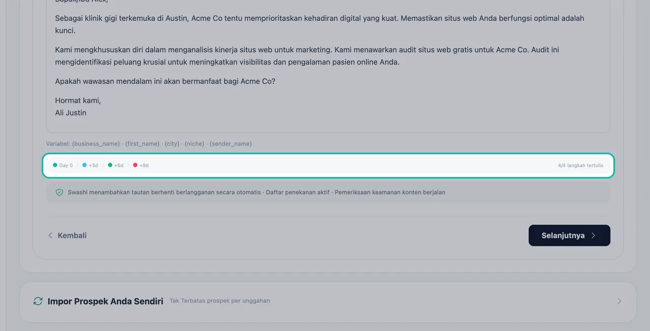 Bilah irama yang disorot di bawah pratinjau email menunjukkan Hari ke-0, +3d, +6d, dan +9d