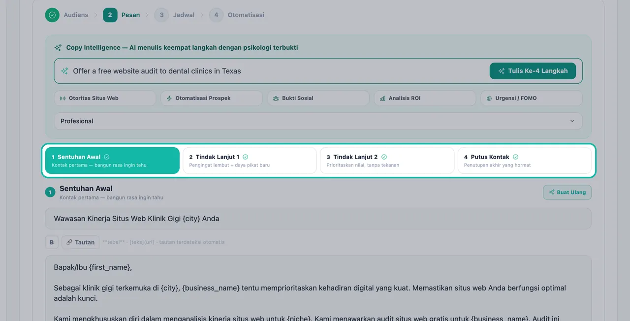 Tab Langkah Urutan yang disorot di Studio Email: Sentuhan Awal, Tindak Lanjut 1, Tindak Lanjut 2, dan Putus Kontak