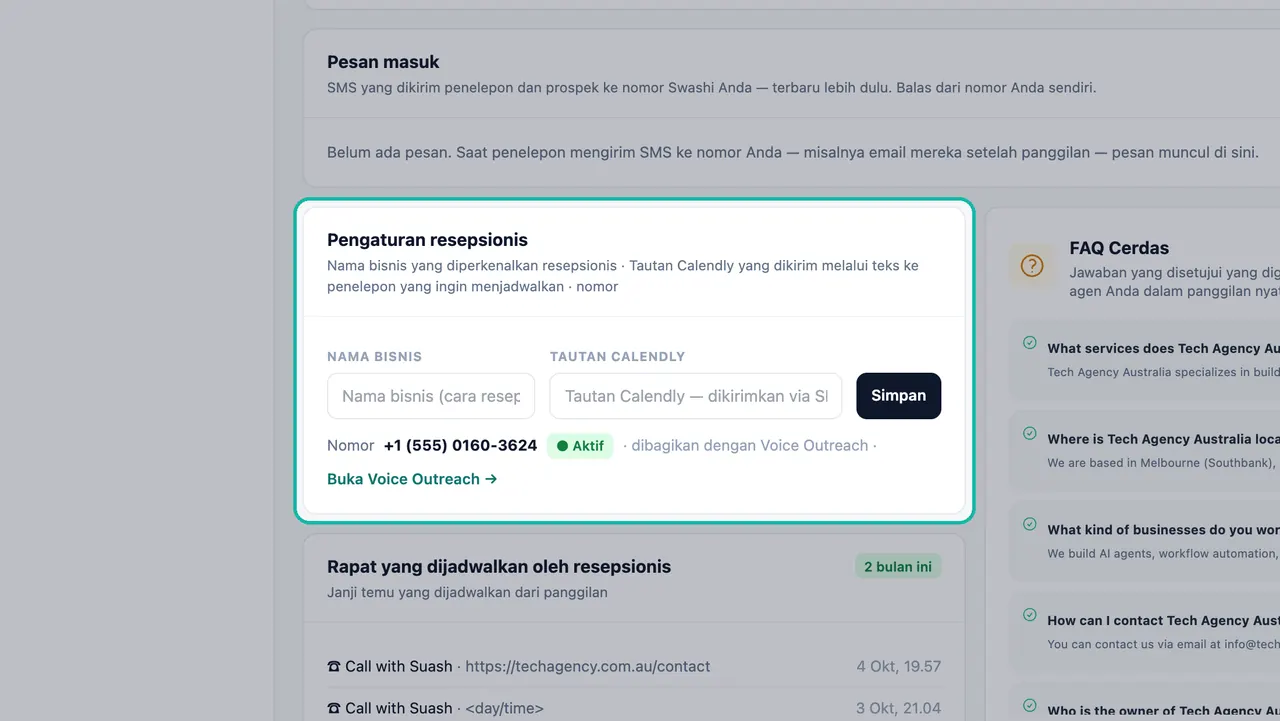 Kartu Pengaturan resepsionis disorot dengan kolom Nama bisnis dan Tautan Calendly, tombol Simpan, dan nomor bersama 555 yang ditandai Aktif