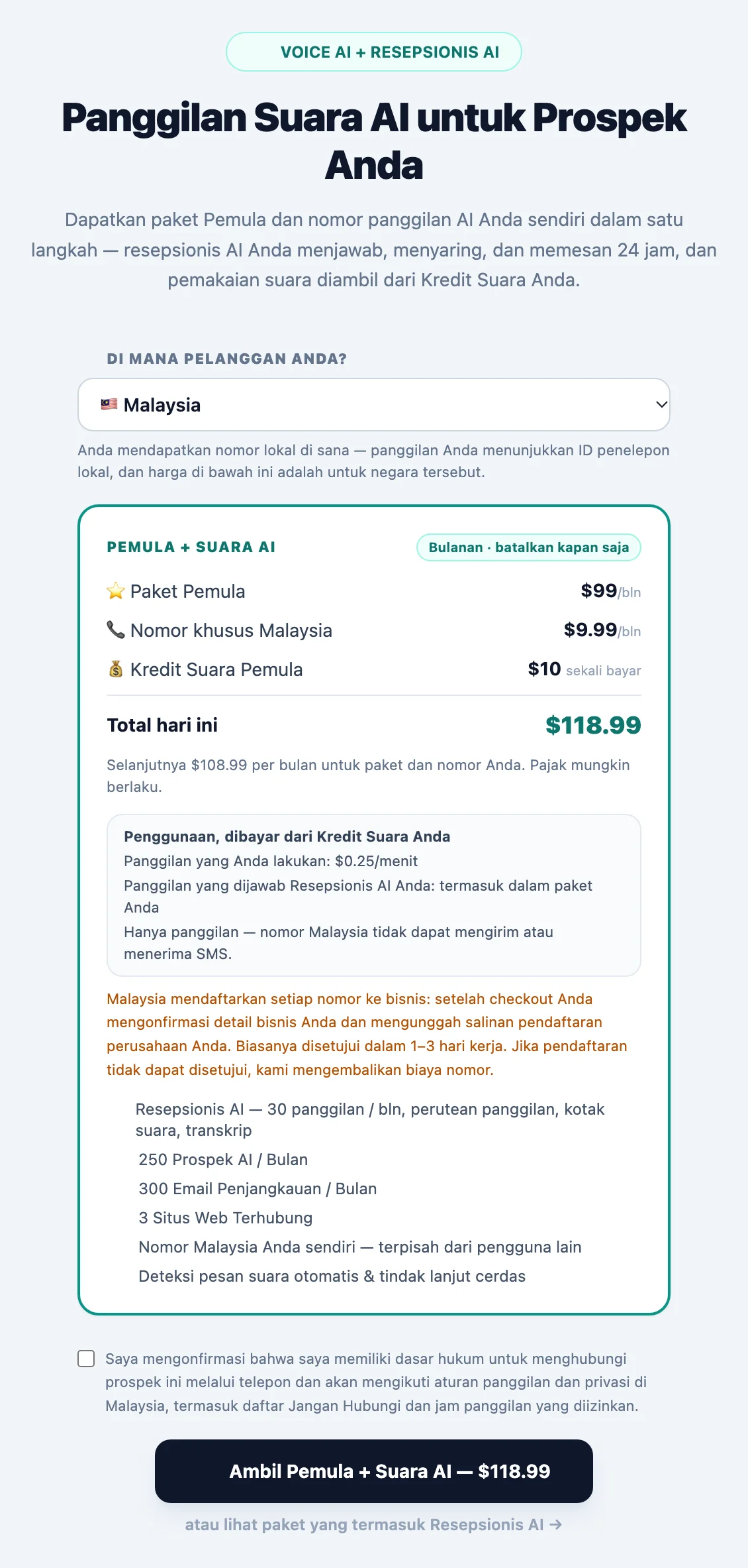 Kartu aktivasi Jangkauan Suara dengan menu negara Di mana pelanggan Anda?, paket, nomor lokal khusus, kredit awal, tarif panggilan dan SMS, serta catatan pendaftaran untuk negara tersebut