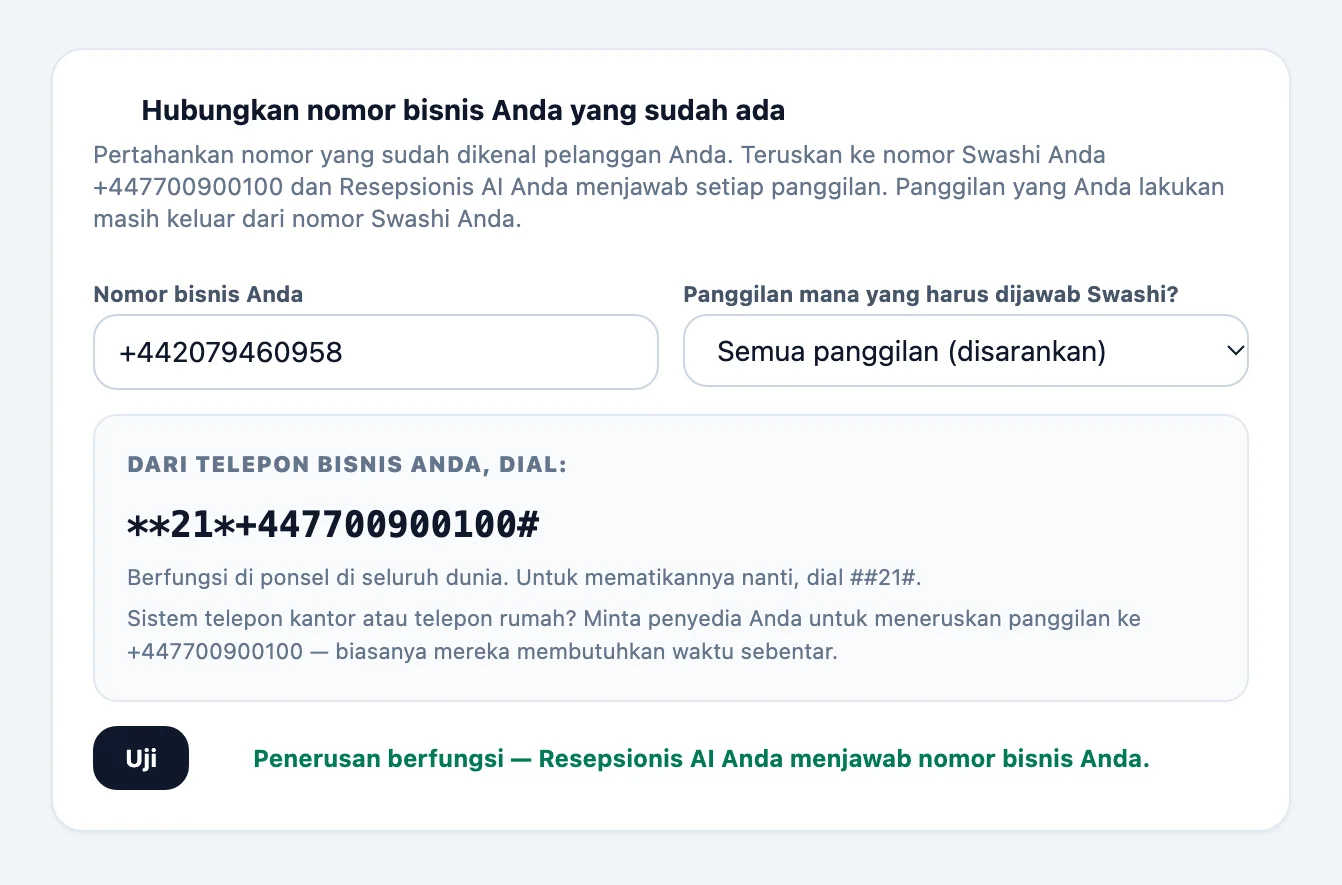 Kartu Hubungkan nomor bisnis Anda yang sudah ada di Jangkauan Suara dengan nomor bisnis, menu Panggilan mana yang harus dijawab Swashi?, kode panggil untuk disalin, dan tombol Uji