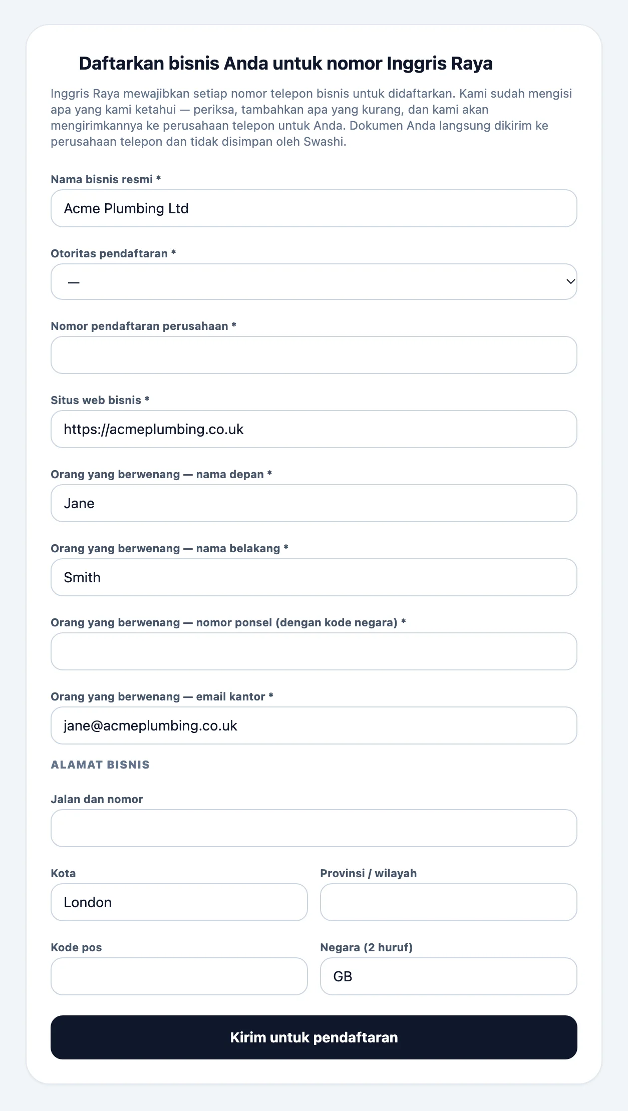 Formulir pendaftaran bisnis untuk nomor lokal, terisi otomatis dari profil Bisnis, dengan nama badan usaha, detail pendaftaran, penanggung jawab, dan alamat bisnis