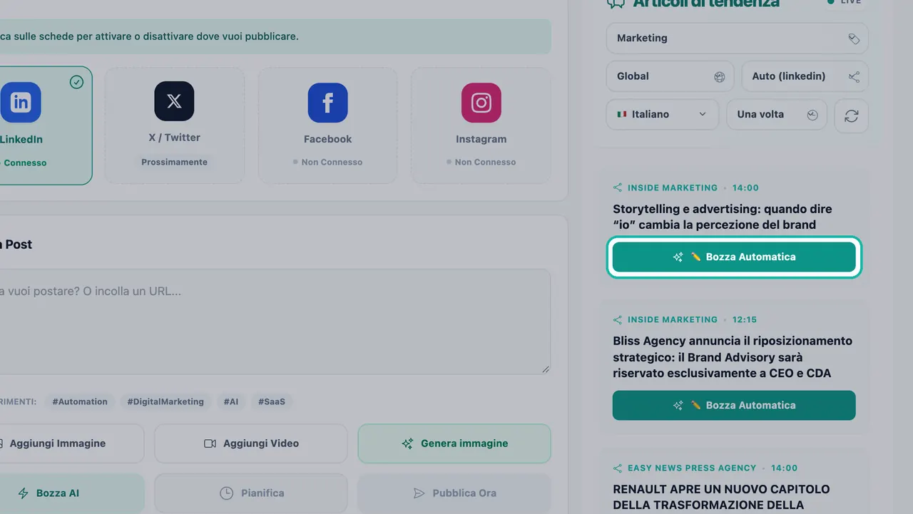 Pulsante Bozza Automatica evidenziato su una notizia di marketing di tendenza in Studio Social