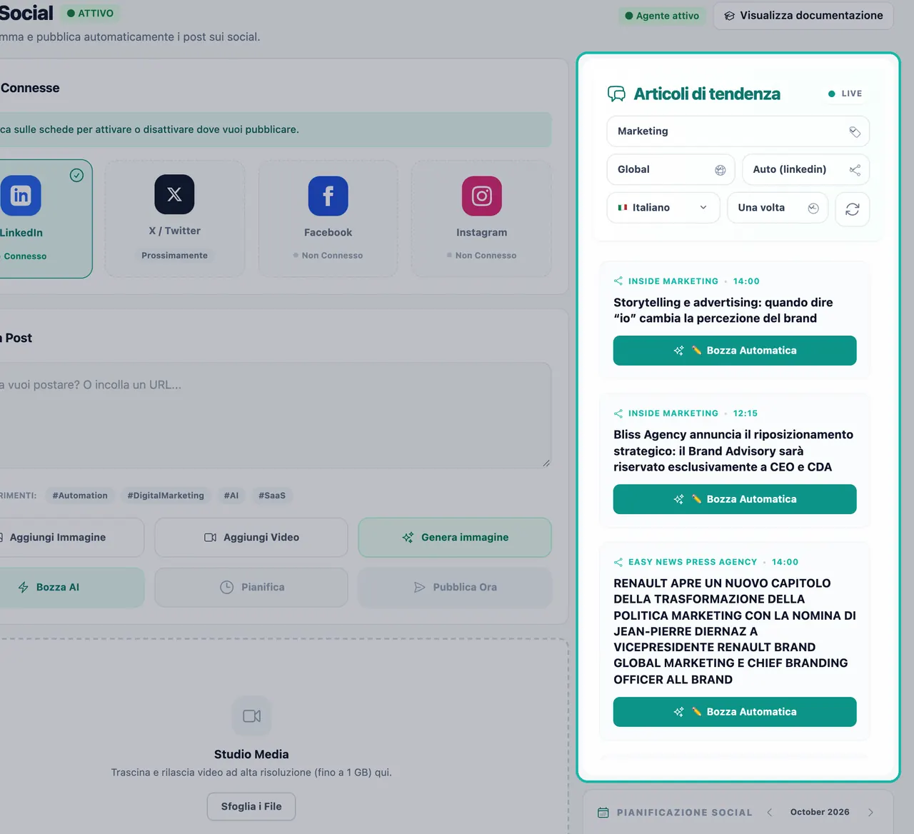 Feed Articoli di tendenza evidenziato in Studio Social, contrassegnato come LIVE, con notizie e pulsanti Bozza Automatica