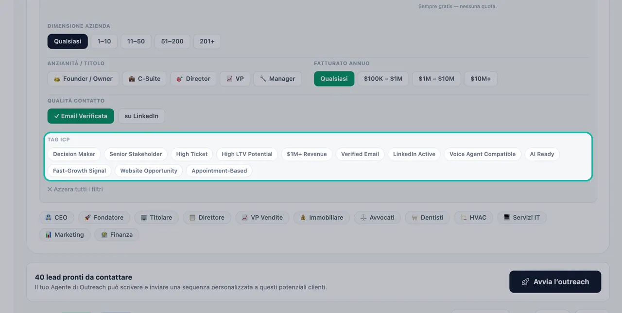Sezione Tag ICP del pannello Filtri evidenziata, con l'elenco di Decisore, Stakeholder Senior, High Ticket, Email Verificata, Compatibile Agente Vocale, Pronto per AI e altri