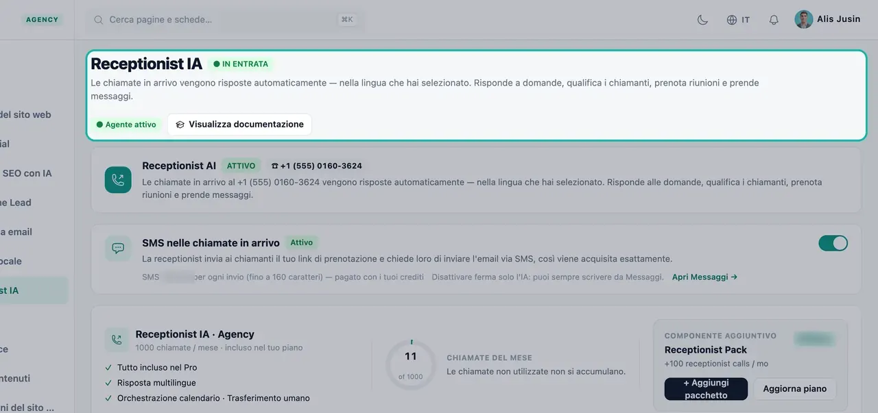 Intestazione della pagina Receptionist AI evidenziata con il badge IN ENTRATA, Agente attivo e una descrizione di ciò che fa il receptionist