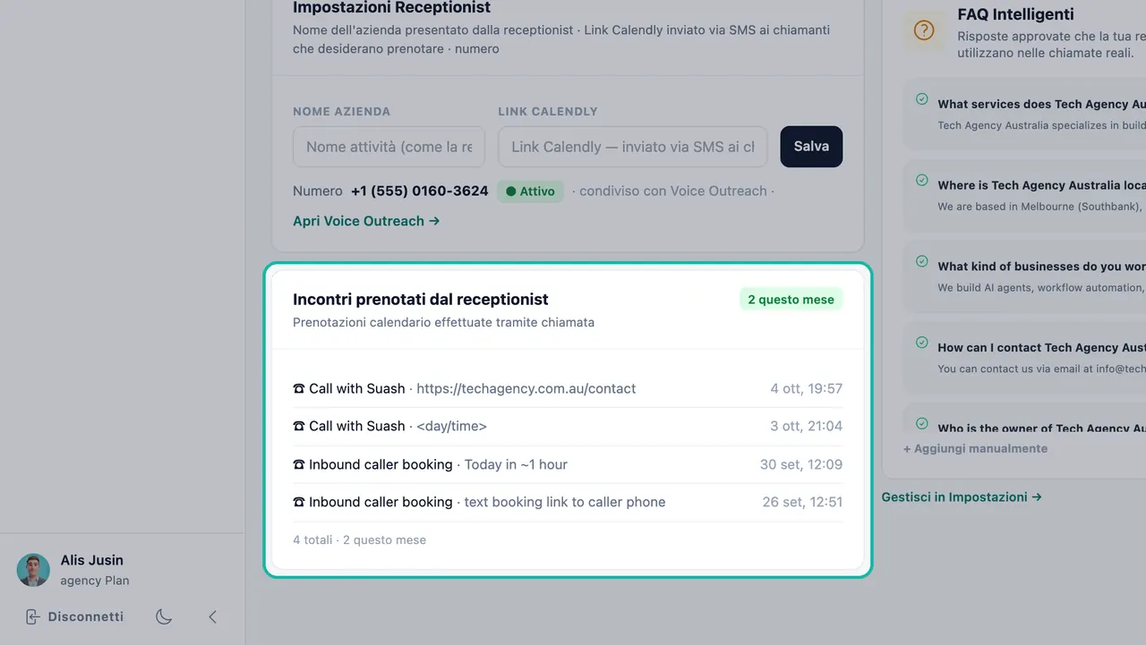 Scheda Incontri prenotati dal receptionist evidenziata con quattro prenotazioni e un badge "2 questo mese"