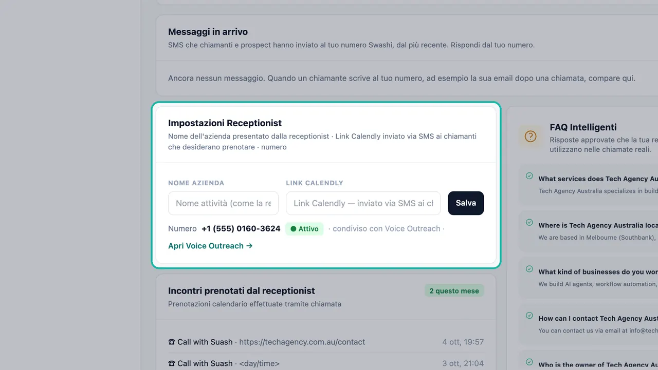 Scheda Impostazioni Receptionist evidenziata con i campi Nome dell'attività e Link Calendly, un pulsante Salva e il numero 555 condiviso contrassegnato come Attivo