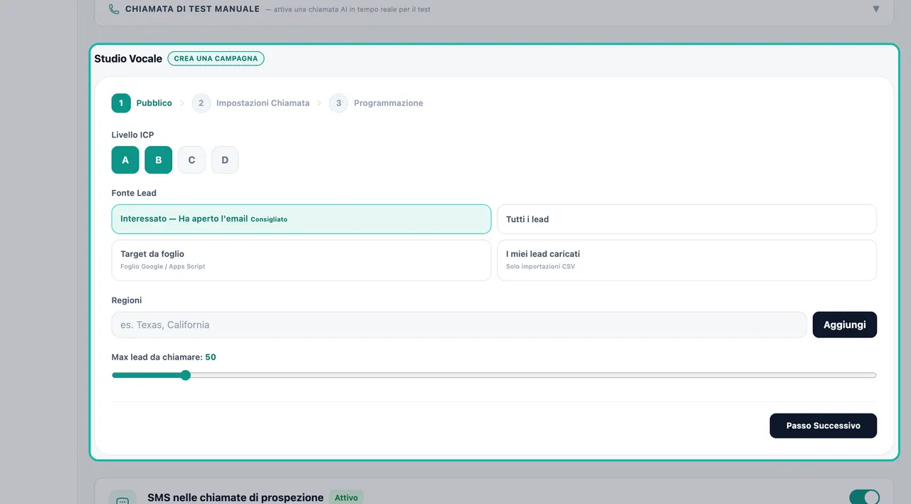 Voice Studio highlighted with the Audience step: ICP tier, lead source with Warm - Opened email recommended, regions and max leads to call