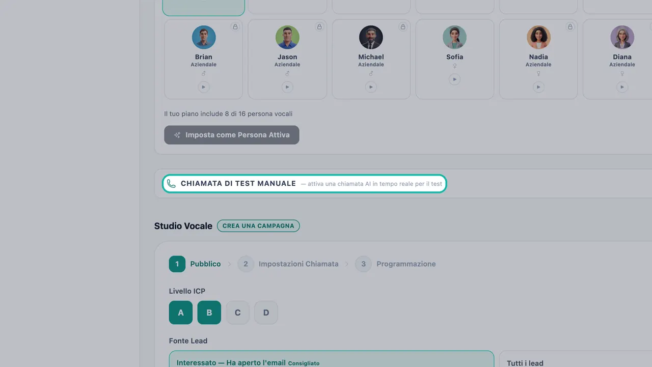 Manual Test Call section highlighted in Voice Outreach, above Voice Studio