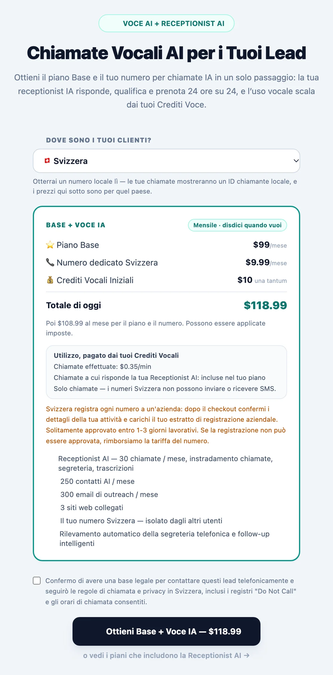 Scheda di attivazione di Contatto vocale con il menu del Paese Dove sono i tuoi clienti?, il piano, il numero locale dedicato, i crediti iniziali, le tariffe per chiamate e SMS e la nota sulla registrazione per quel Paese