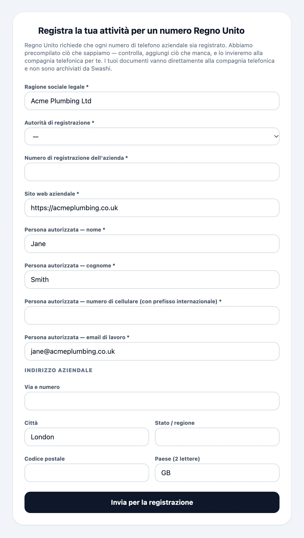 Modulo di registrazione aziendale per un numero locale, precompilato dal profilo Azienda, con la ragione sociale, i dati di registrazione, il rappresentante autorizzato e l'indirizzo della sede aziendale