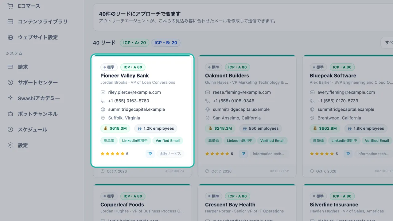 ICP-A 80バッジ、意思決定者、緑のチェックマーク付きのexample.comメール、555で始まる電話番号、ウェブサイト、収益、チームサイズ、タグが表示されたリードカードのハイライト