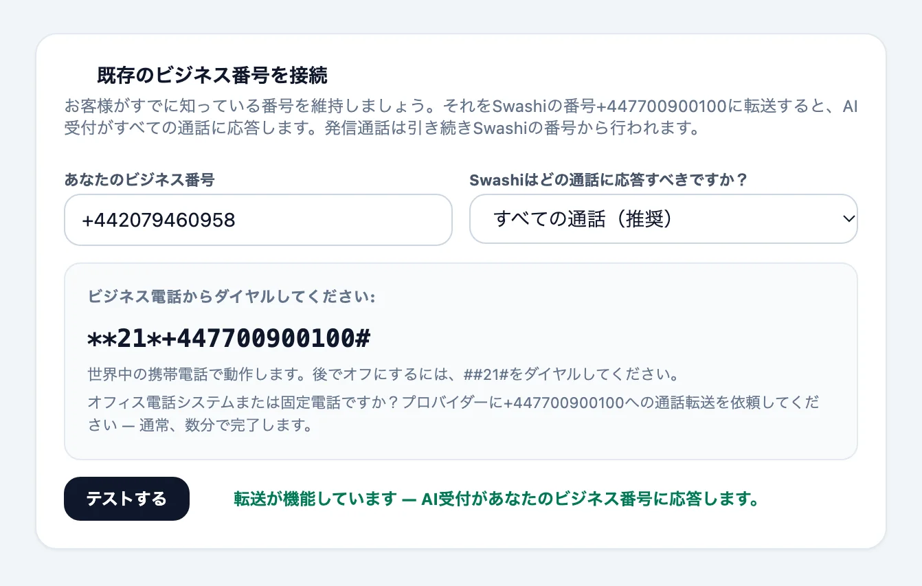 音声アウトリーチ内の「既存のビジネス番号を接続」カード。ビジネス番号、Swashiはどの通話に応答すべきですか?メニュー、コピー用のダイヤルコード、テストするボタンが表示されている
