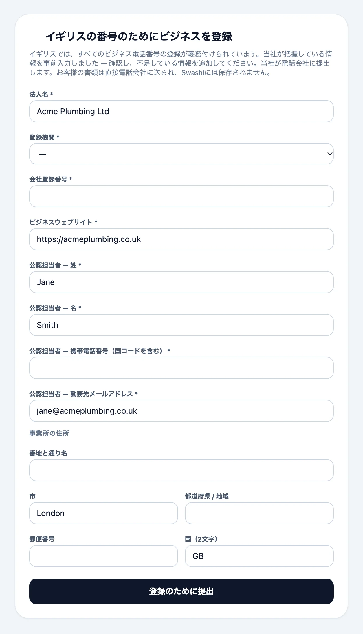 現地番号取得のための事業者登録フォーム。ビジネスプロフィールから事前入力されており、法人名、登録情報、権限のある担当者、事業所の住所が表示されている。