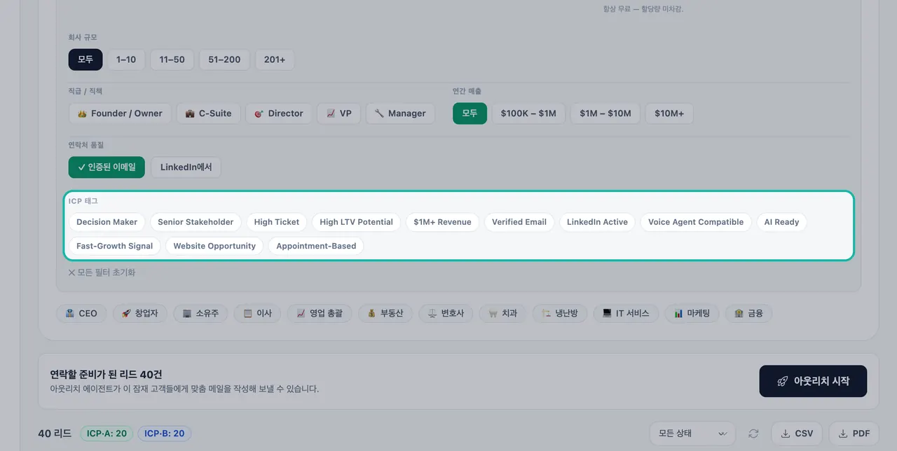 의사 결정권자, 고위 이해관계자, 고가치, 인증된 이메일, 음성 에이전트 호환, AI 준비됨 등 태그가 나열된 필터 패널의 ICP 태그 섹션 강조 이미지