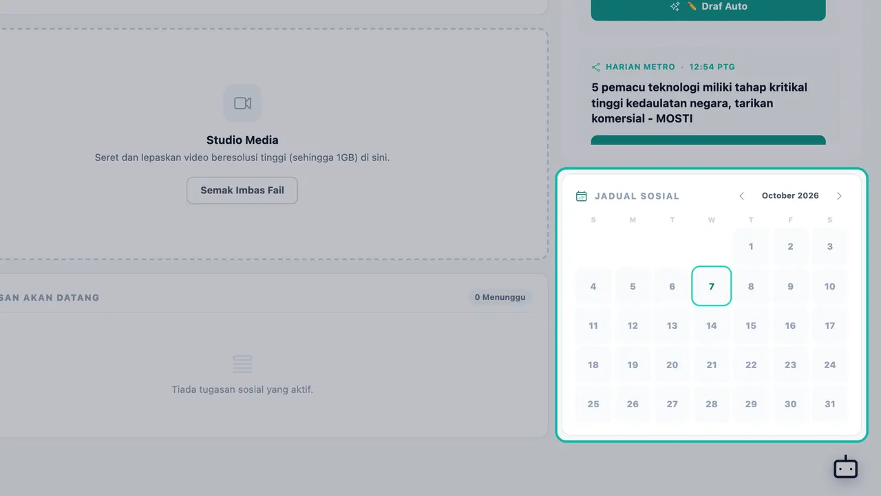Kalendar Jadual Sosial untuk Oktober 2026 diserlahkan di Studio Sosial, dengan tarikh hari ini digariskan