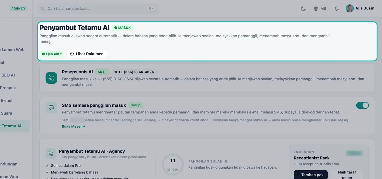 Pengepala halaman Penyambut Tetamu AI diserlahkan dengan lencana MASUK, Ejen Aktif dan penerangan tentang fungsi penyambut tetamu