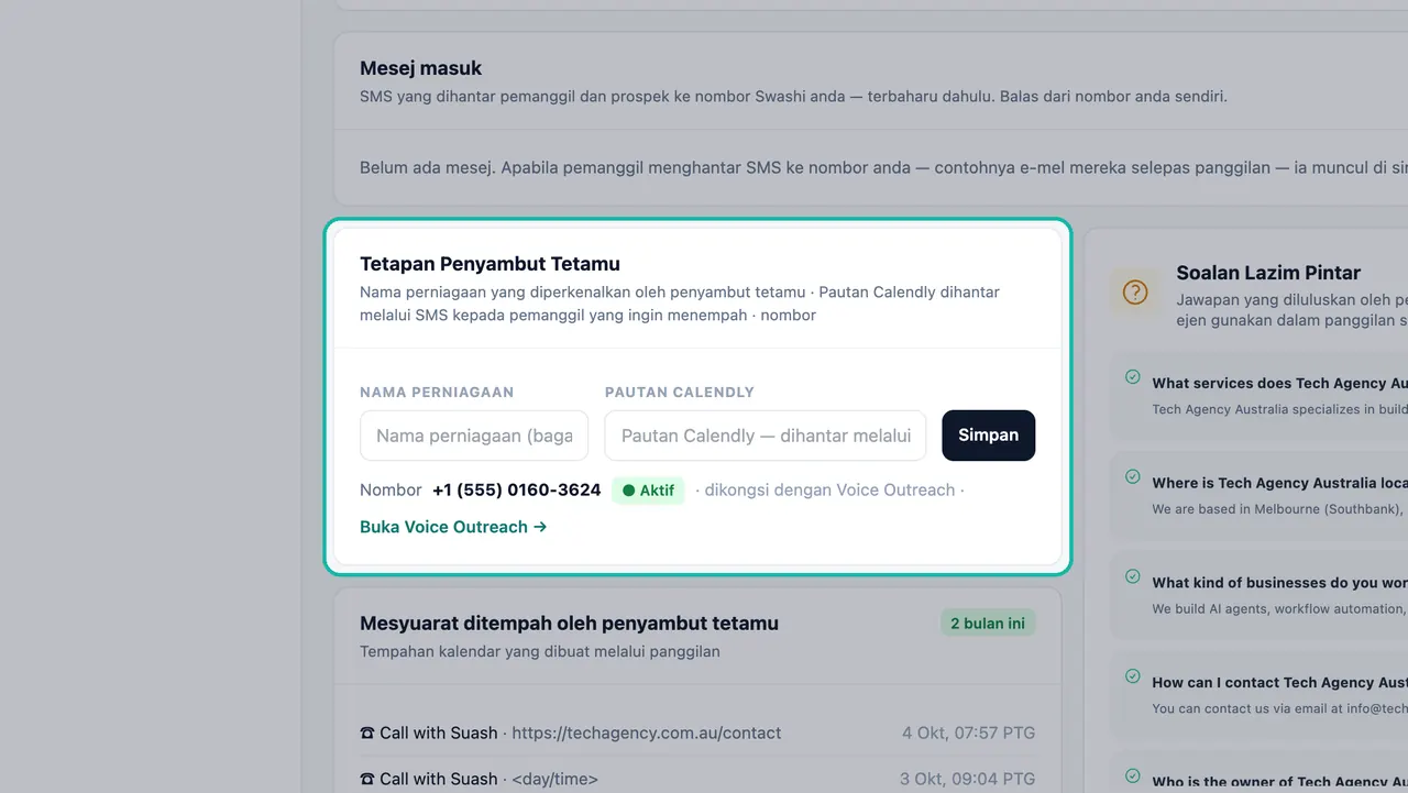 Kad Tetapan Penyambut Tetamu diserlahkan dengan medan Nama perniagaan dan Pautan Calendly, butang Simpan dan nombor 555 yang dikongsi ditanda Aktif