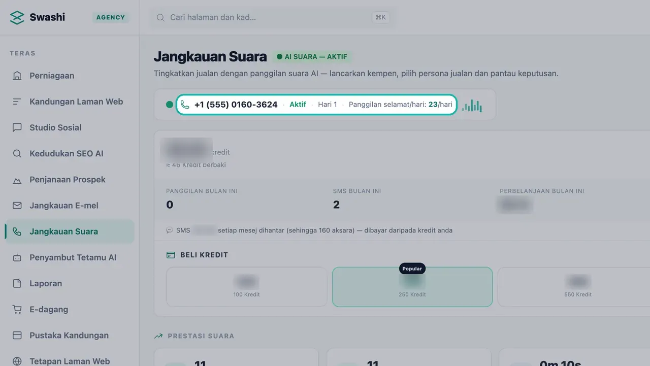 Kad nombor diserlahkan di bahagian atas Jangkauan Suara dengan nombor 555, status Aktif, hari pemanasan dan Panggilan selamat setiap hari