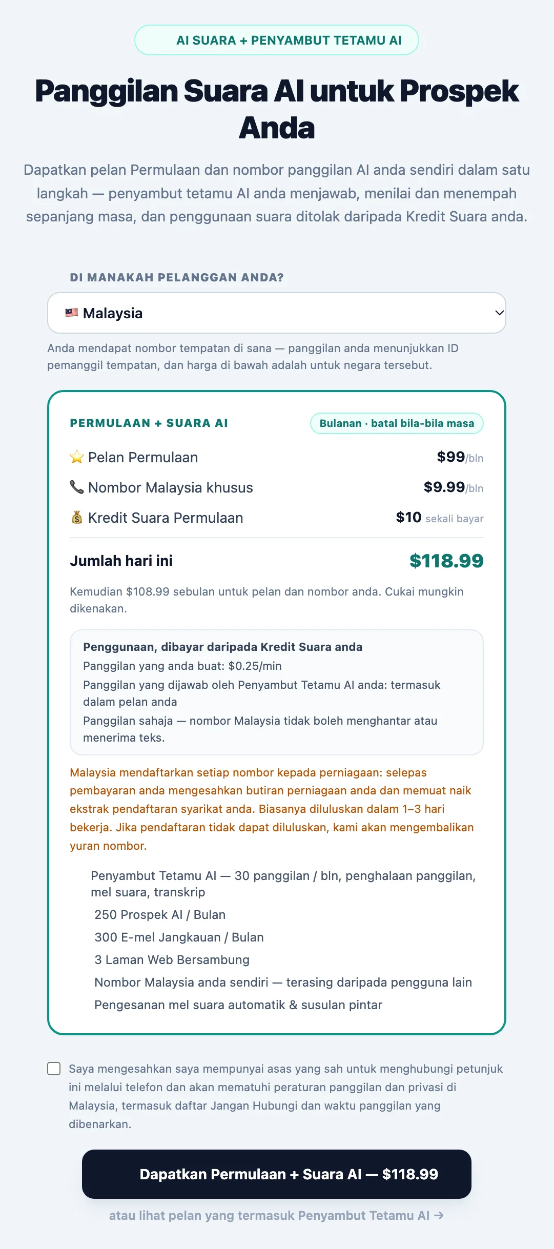 Kad pengaktifan Jangkauan Suara dengan menu negara Di manakah pelanggan anda?, pelan, nombor tempatan khusus, kredit permulaan, kadar panggilan dan teks serta nota pendaftaran untuk negara tersebut