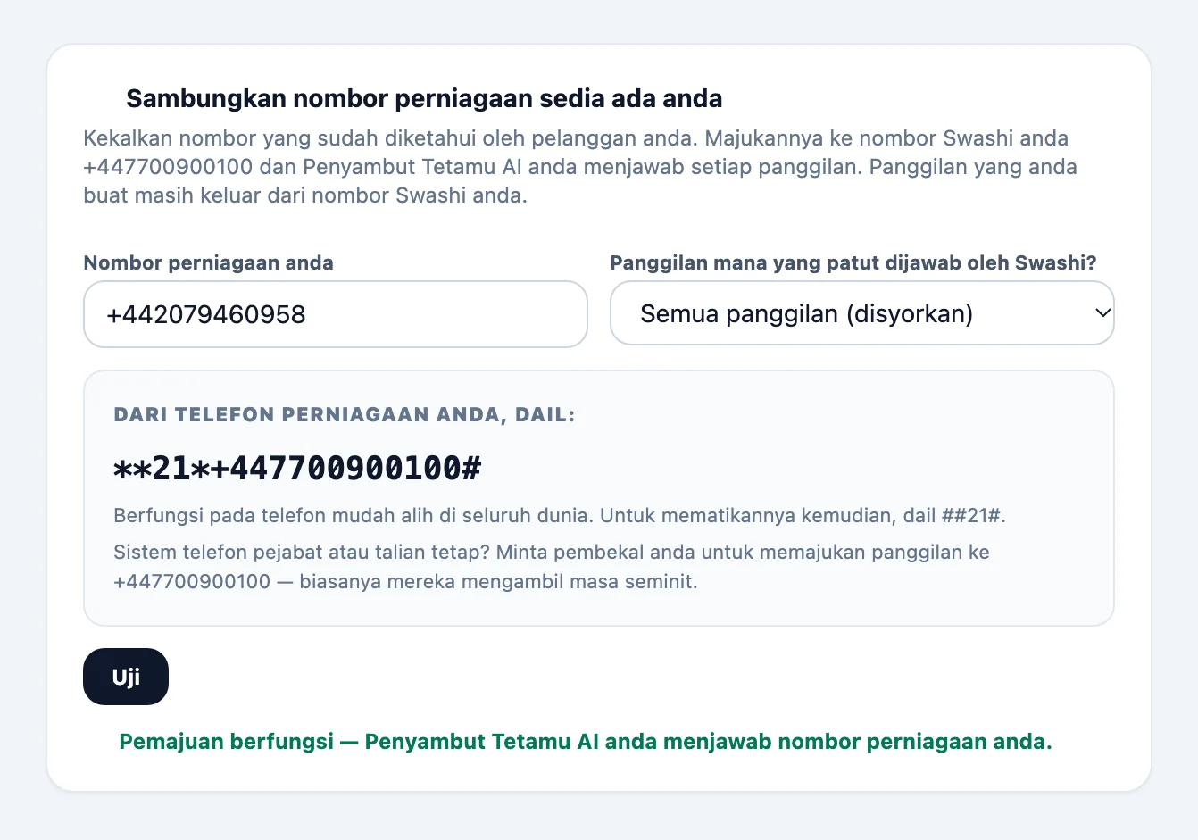 Kad Sambungkan nombor perniagaan sedia ada anda dalam Jangkauan Suara dengan nombor perniagaan, menu Panggilan mana yang patut dijawab oleh Swashi?, kod dail untuk disalin dan butang Uji